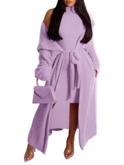 Women's Two Piece Dress Set Casual Dress Sheath Dress Daily Going Out Fashion Streetwear Lace Up Midi Dress Stand Collar Long Sleeve Plain Slim Black Yellow Wine Fall Winter S M L XL XXL -HAYz Clothing Shop lffspz1693295546168