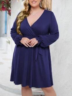 Women's Plus Size Curve Casual Dress Sheath Dress Black Dress Plain Midi Dress Long Sleeve Lace Up Ruched V Neck Fashion Outdoor Black Red Fall Winter XL XXL 3XL 4XL 5XL -HAYz Clothing Shop lfjykn1695095467795