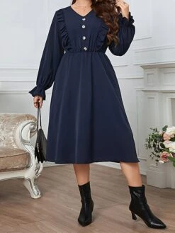 Women's Plus Size Party Dress Wedding Guest Dress Peplum Dresses Midi Dress Royal Blue Long Sleeve Pure Color Ruffle Spring Fall Winter V Neck Fashion Winter Dress Office Evening Party 2023 XL XXL