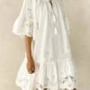 Women's Cotton Linen Dress Casual Dress Mini Dress Cotton Blend Basic Classic Daily Vacation Crew Neck Lace Half Sleeve Summer Spring 2023 Loose Fit White Pure Color S M L XL