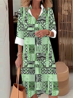 Women's Shirt Dress Casual Dress Midi Dress Outdoor Daily Date Polyester Fashion Modern Shirt Collar Button Pocket Long Sleeve Fall Winter 2023 Loose Fit Royal Blue Blue Green Geometric Plaid Tribal -HAYz Clothing Shop lgbepf1695103246210