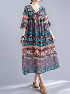 Women's Casual Dress Cotton Linen Dress Swing Dress Midi Dress Linen / Cotton Blend Fashion Classic Outdoor Daily Holiday V Neck Ruched Ruffle 3/4 Length Sleeve Fall Winter Autumn 2023 Loose Fit Blue -HAYz Clothing Shop lgcllp1693553165084