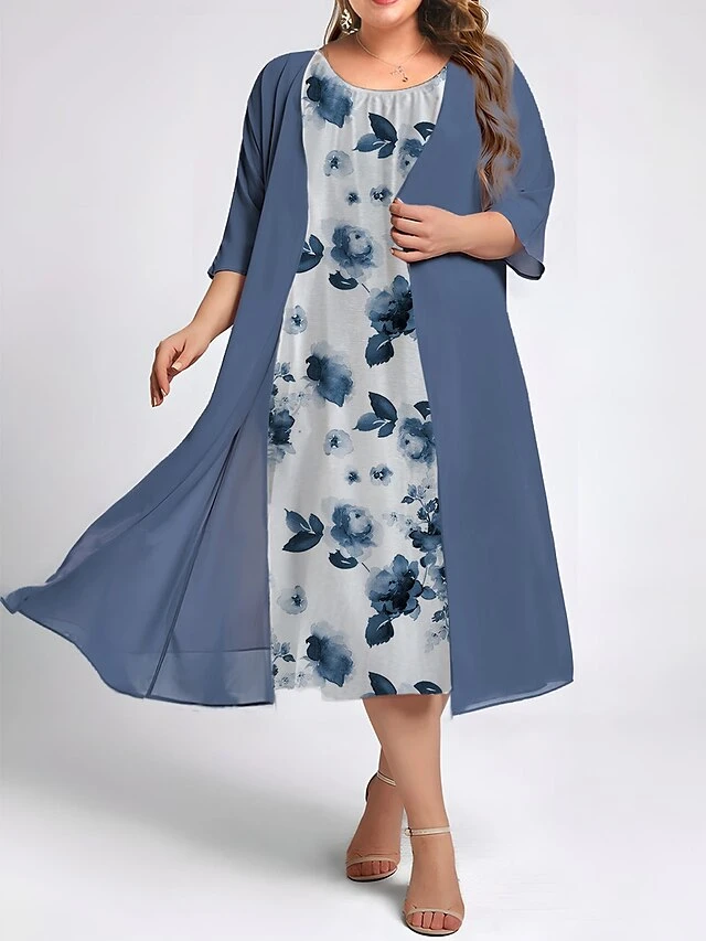 Women's Plus Size Two Piece Dress Set Casual Dress Swing Dress Outdoor Daily Fashion Elegant Print Midi Dress Crew Neck 3/4 Length Sleeve Floral Loose Fit Pink Royal Blue Blue Fall Winter L XL XXL 4 Women's Plus Size Two Piece Dress Set Casual Dress Swing Dress Outdoor Daily Fashion Elegant Print Midi Dress Crew Neck 3/4 Length Sleeve Floral Loose Fit Pink Royal Blue Blue Fall Winter L XL XXL - Image 4