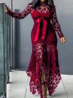 Women‘s Plus Size Curve Party Dress Solid Color Turtleneck Lace Long Sleeve Fall Spring Elegant Prom Dress Maxi Long Dress Formal Party Dress -HAYz Clothing Shop lgylvx1654584102915