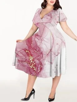 Women‘s Plus Size Curve Casual Dress A Line Dress Marbling Midi Dress Short Sleeve Print V Neck Elegant Party Pink Blue Summer Spring L XL XXL 3XL 4XL -HAYz Clothing Shop lhdbrx1680507622103
