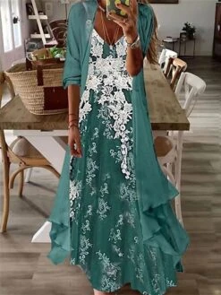 Women's Casual Dress Dress Set Two Piece Dress Long Dress Maxi Dress Purple Brown Green Half Sleeve Flower Print Summer Spring V Neck Fashion Vacation 2023 S M L XL XXL 3XL -HAYz Clothing Shop lhkdyc1671612932113