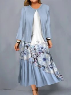 Women's Plus Size Curve Casual Dress Dress Set Two Piece Dress Floral Midi Dress Long Sleeve Print Crew Neck Mature Outdoor Pink Light Blue Fall Winter L XL XXL 3XL 4XL