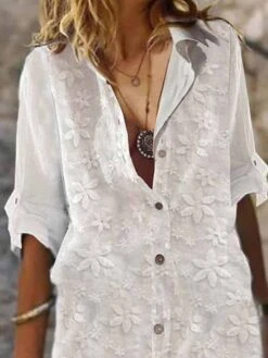 Women's Shirt Dress Casual Dress Cotton Linen Dress Midi Dress Cotton Blend Fashion Elegant Outdoor Daily Shirt Collar Lace Patchwork Half Sleeve Summer Spring Fall 2023 Regular Fit White Plain S M L -HAYz Clothing Shop lhsllg1681375456683