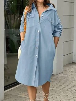 Women's Shirt Dress Casual Dress Shift Dress Midi Dress Outdoor Daily Vacation Polyester Fashion Modern Shirt Collar Button Pocket Long Sleeve Fall Winter 2023 Loose Fit Yellow Blue Khaki Pure Color -HAYz Clothing Shop lhwbss1697597645389