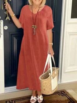 Women's Casual Dress Cotton Linen Dress A Line Dress Maxi Long Dress Cotton Blend Daily Classic Outdoor Daily Vacation V Neck Pocket Baggy Short Sleeve Summer Spring 2023 Loose Fit Red Blue Green -HAYz Clothing Shop lhxjti1690886057319