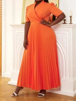 Women's Plus Size Curve Party Dress Work Dress Swing Dress Plain Long Dress Maxi Dress Short Sleeve Pleated Shirt Collar Fashion Party Orange Fall Winter XL XXL 3XL 4XL -HAYz Clothing Shop lhyusy1694425978742