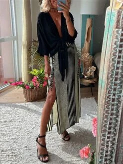 Women's Two Piece Dress Set Casual Dress Skirt Set Outdoor Daily Fashion Casual Lace Up Split Long Dress Maxi Dress V Neck 3/4 Length Sleeve Stripe Regular Fit Black Summer Spring S M L XL