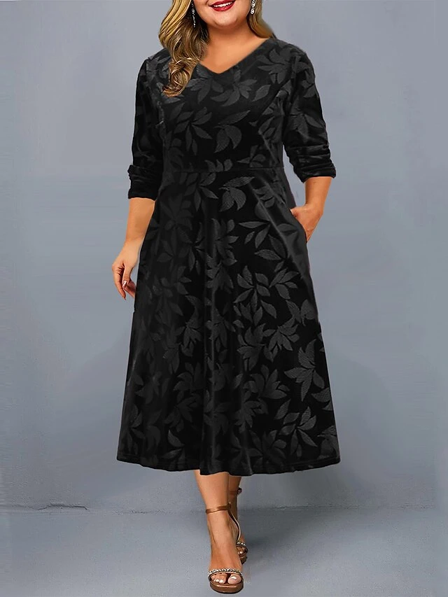 Women's Plus Size Party Dress Velvet Dress Cocktail Dress Midi Dress Black Wine Purple Long Sleeve Leaf Pocket Spring Fall Winter V Neck Fashion Winter Dress Wedding Guest Birthday Loose Fit 2023 XL 6 Women's Plus Size Party Dress Velvet Dress Cocktail Dress Midi Dress Black Wine Purple Long Sleeve Leaf Pocket Spring Fall Winter V Neck Fashion Winter Dress Wedding Guest Birthday Loose Fit 2023 XL - Image 6