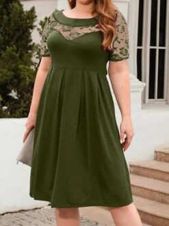 Women's Plus Size Curve Party Dress Lace Dress Semi Formal Dress Solid Color Midi Dress Short Sleeve Lace Crew Neck Fashion Party ArmyGreen Black Fall Winter XL XXL 3XL 4XL -HAYz Clothing Shop liirwt1695813617505