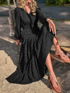 Women's Casual Dress Cotton Linen Dress Swing Dress Midi Dress Polyester Fashion Modern Outdoor Daily Vacation V Neck Ruched Ruffle Long Sleeve Summer Spring Fall 2023 Loose Fit Black Yellow Blue -HAYz Clothing Shop liiydk1691040686517