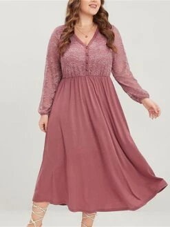 Women‘s Plus Size Curve Party Dress Cocktail Dress Wedding Guest Dress Midi Dress Pink Long Sleeve Color Block Lace Spring Fall Winter V Neck Fashion Birthday Wedding Guest Vacation 2023 XL XXL 3XL -HAYz Clothing Shop lijuar1692164930965