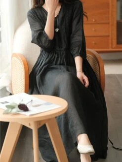 Women's Casual Dress Cotton Linen Dress Swing Dress Midi Dress Cotton Blend Basic Casual Outdoor Daily V Neck Ruched 3/4 Length Sleeve Summer Spring 2023 Loose Fit Black White Yellow Pure Color M L -HAYz Clothing Shop linifi1677135410401
