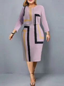 Women's Plus Size Curve Casual Dress Dress Set Two Piece Dress Geometric Color Block Midi Dress Long Sleeve Print Crew Neck Fashion Outdoor Pink Blue Fall Winter L XL XXL 3XL 4XL -HAYz Clothing Shop lirrmb1695096070392