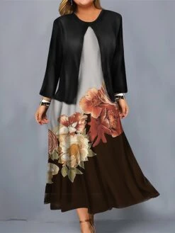 Women's Plus Size Curve Casual Dress Dress Set Two Piece Dress Floral Midi Dress Long Sleeve Print Crew Neck Mature Outdoor Yellow Blue Fall Winter L XL XXL 3XL 4XL