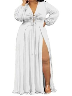 Women‘s Plus Size Curve Easter Dress Party Dress Solid Color V Neck Split Long Sleeve Fall Spring Dress Work Prom Dress Maxi Dress Party Vacation Dress -HAYz Clothing Shop liuown1638783970739
