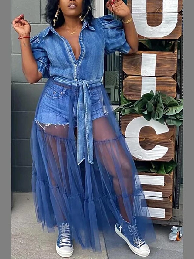 Women‘s Plus Size Curve Holiday Dress Solid Color Shirt Collar Mesh Long Sleeve Fall Spring Basic Casual Preppy Maxi Long Dress Casual Daily DressCotton 3 Women‘s Plus Size Curve Holiday Dress Solid Color Shirt Collar Mesh Long Sleeve Fall Spring Basic Casual Preppy Maxi Long Dress Casual Daily DressCotton - Image 3