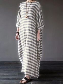 Women's Cotton Linen Dress Casual Dress Maxi Long Dress Linen Cotton Blend Casual Outdoor Daily Crew Neck Print Long Sleeve Summer Spring Fall 2023 Loose Fit Black Gray Striped S M L XL 2XL -HAYz Clothing Shop ljebgk1672828235836
