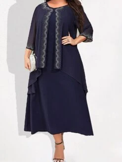 Women's Plus Size Curve Party Dress Two Piece Dress Chiffon Dress Plain Long Dress Maxi Dress 3/4 Length Sleeve Crew Neck Fashion Party Dark Blue Fall Winter L XL XXL 3XL 4XL -HAYz Clothing Shop ljemdb1696760827388