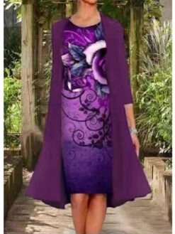 Women's Two Piece Dress Casual Dress Dress Set Shift Dress Knee Length Dress Navy Blue Blue Lavender Long Sleeve Layered Fall Autumn Crew Neck Elegant Fall Dress 2023 M L XL XXL XXXL 4XL 5XL -HAYz Clothing Shop ljemkg1642155764954