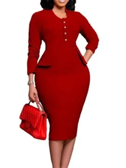 Women‘s Plus Size Curve Work Dress Solid Color V Neck Long Sleeve Fall Winter Work Elegant Formal Knee Length Dress Formal Work Dress -HAYz Clothing Shop ljewqn1663308383283