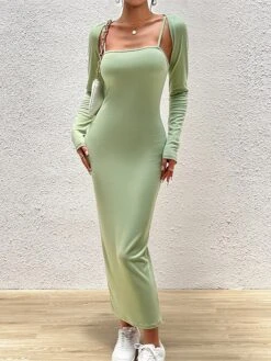 Women's Two Piece Dress Set Casual Dress Sheath Dress Outdoor Daily Fashion Streetwear Ribbed Midi Dress Square Neck Long Sleeve Plain Slim Black Blue Brown Fall Winter S M L XL -HAYz Clothing Shop ljggwi1695268287086