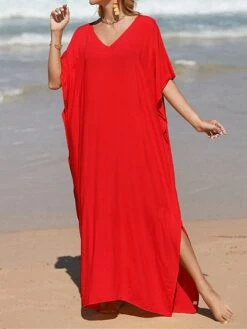 Women's White Dress A Line Dress Cover Up Long Dress Maxi Dress Cotton Basic Casual Outdoor Daily Vacation V Neck Split 3/4 Length Sleeve Summer Spring Fall 2022 Loose Fit Black White Yellow Plain -HAYz Clothing Shop ljiiwa1672828154784