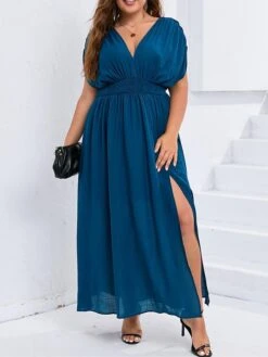 Women's Plus Size Party Dress Wedding Guest Dress Swing Dress Long Dress Maxi Dress Dark Blue Short Sleeve Pure Color Ruched Spring Fall Winter V Neck Fashion Birthday Wedding Guest Vacation 2023 L -HAYz Clothing Shop ljpekz1693535304420