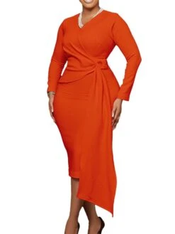 Women‘s Plus Size Curve Work Dress Solid Color V Neck Long Sleeve Fall Winter Elegant Formal Knee Length Dress Formal Date Dress -HAYz Clothing Shop ljrwlh1663308379484