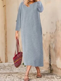 Women's Casual Dress Cotton Linen Dress T Shirt Dress Tee Dress Midi Dress Polyester Basic Classic Outdoor Daily Vacation Crew Neck Pocket 3/4 Length Sleeve Fall Autumn 2023 Loose Fit ArmyGreen Black -HAYz Clothing Shop lkigwp1693447411891