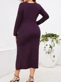 Women‘s Plus Size Curve Work Dress Sheath Dress Semi Formal Dress Fashion Midi Dress Ruched Split V Neck Long Sleeve Plain Regular Fit Black Wine Purple Fall Winter L XL XXL 3XL 4XL -HAYz Clothing Shop lkikuw1691401373331