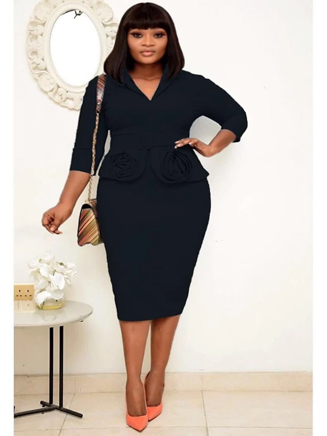 Women‘s Plus Size Curve Easter Dress Work Dress Solid Color Shirt Collar 3/4 Length Sleeve Spring Fall Work Elegant Casual Knee Length Dress Formal Dress 4 Women‘s Plus Size Curve Easter Dress Work Dress Solid Color Shirt Collar 3/4 Length Sleeve Spring Fall Work Elegant Casual Knee Length Dress Formal Dress - Image 4