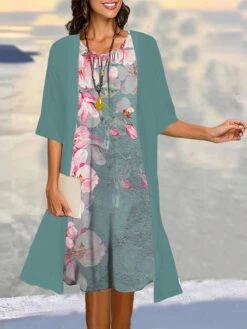 Women's Two Piece Dress Set Casual Dress Print Dress Outdoor Daily Fashion Elegant Print Midi Dress Crew Neck 3/4 Length Sleeve Floral Regular Fit Pink Blue Dark Green Summer Spring S M L XL XXL