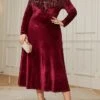 Women's Plus Size Curve Velvet Dress Casual Dress Winter Dress Plain Long Dress Maxi Dress Long Sleeve Tassel Fringe V Neck Fashion Outdoor Burgundy Fall Winter L XL XXL 3XL 4XL