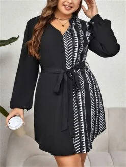 Women's Plus Size Curve Casual Dress Sheath Dress Black Dress Geometric Midi Dress Long Sleeve Drawstring Print V Neck Fashion Outdoor Black Fall Winter XL XXL 3XL 4XL -HAYz Clothing Shop llhgac1695102785288