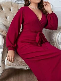 Women‘s Plus Size Curve Work Dress Sheath Dress Semi Formal Dress Fashion Midi Dress Lace Up Split V Neck Long Sleeve Plain Regular Fit Wine Spring Fall XL XXL 3XL 4XL -HAYz Clothing Shop llhmpm1692089857190
