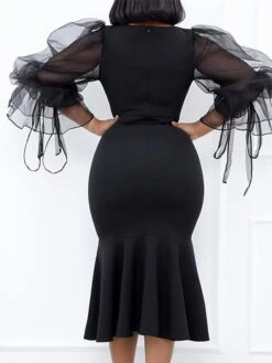 Women‘s Plus Size Curve Party Dress Color Block Crew Neck Mesh 3/4 Length Sleeve Spring Fall Prom Dress Midi Dress Party Going Out Dress