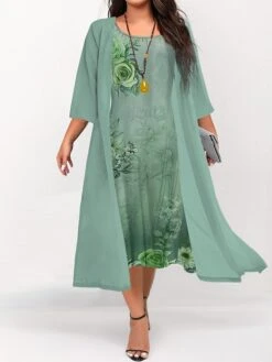 Women's Plus Size Curve Two Piece Dress Set Casual Dress Swing Dress Outdoor Daily Fashion Elegant Print Midi Dress Crew Neck 3/4 Length Sleeve Floral Light Green Blue Dark Green Fall Winter S M -HAYz Clothing Shop llnzoo1692934058059