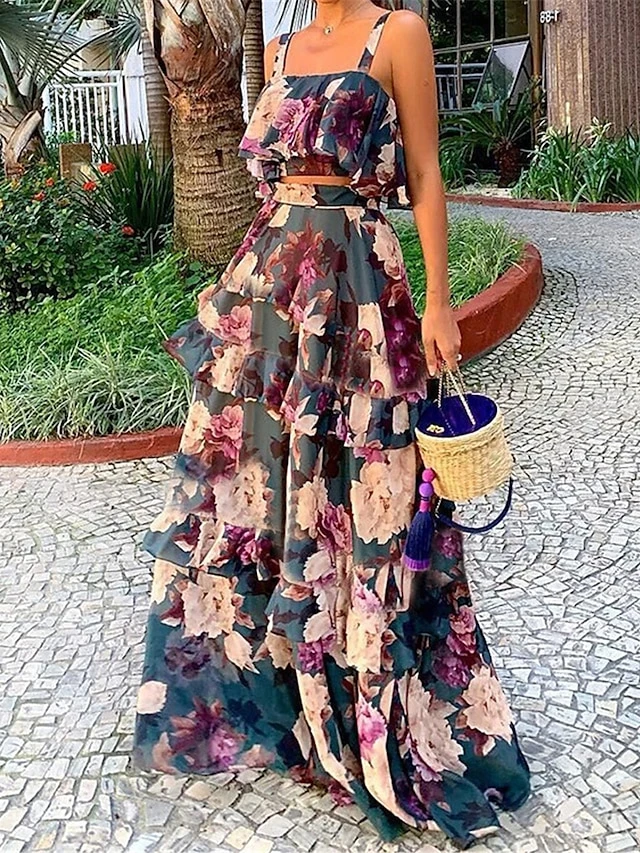 Women's Two Piece Dress Set Casual Dress Skirt Set Daily Date Active Streetwear Ruffle Layered Midi Dress Strap Sleeveless Floral Regular Fit Green Fall Winter S M L XL XXL 1 Women's Two Piece Dress Set Casual Dress Skirt Set Daily Date Active Streetwear Ruffle Layered Midi Dress Strap Sleeveless Floral Regular Fit Green Fall Winter S M L XL XXL