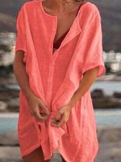 Women's Casual Dress Shirt Dress Cotton Linen Dress Mini Dress Blue Purple Pink Short Sleeve Pure Color Spring Summer V Neck Beach Basic Daily Weekend Loose Fit Linen S M L XL XXL 3XL -HAYz Clothing Shop lltvtr1639988502319