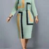 Women's Plus Size Curve Casual Dress Dress Set Two Piece Dress Geometric Color Block Midi Dress Long Sleeve Print Crew Neck Fashion Outdoor Pink Blue Fall Winter L XL XXL 3XL 4XL