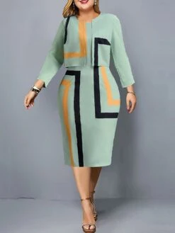 Women's Plus Size Curve Casual Dress Dress Set Two Piece Dress Geometric Color Block Midi Dress Long Sleeve Print Crew Neck Fashion Outdoor Pink Blue Fall Winter L XL XXL 3XL 4XL
