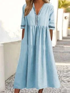 Women‘s Casual Dress Cotton Linen Dress Caftan Dress Swing Dress Midi Dress Cotton Blend Basic Classic Outdoor Daily Vacation V Neck Ruched Hollow Out Half Sleeve Summer Spring Fall 2023 -HAYz Clothing Shop lmzvoa1681213050602