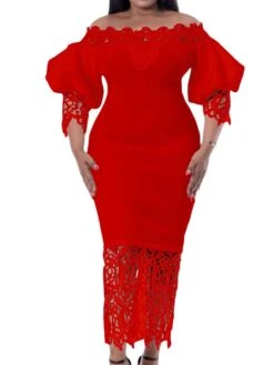 Women‘s Plus Size Curve Flattering Dresses Elegant Apple Shaped Dress Wedding Guest Off Shoulder Lace Party Dress Solid Color Half Sleeve Fall Spring Dress Prom Dress Maxi Dress Party Dress
