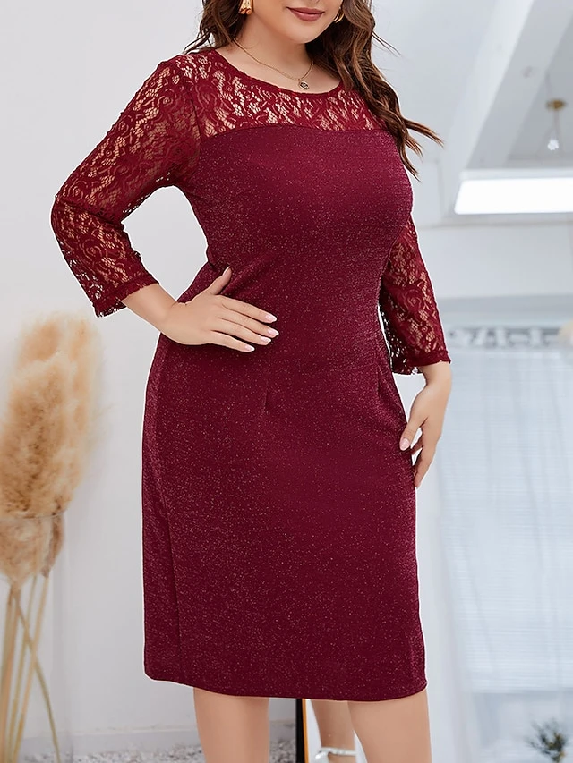 Women‘s Plus Size Curve Party Dress Lace Dress Cocktail Dress Midi Dress Wine Long Sleeve Pure Color Lace Spring Fall Winter Crew Neck Fashion Winter Dress Birthday Wedding Guest 2023 2 Women‘s Plus Size Curve Party Dress Lace Dress Cocktail Dress Midi Dress Wine Long Sleeve Pure Color Lace Spring Fall Winter Crew Neck Fashion Winter Dress Birthday Wedding Guest 2023 - Image 2