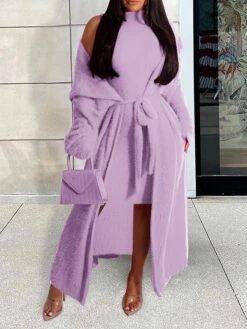 Women's Two Piece Dress Set Casual Dress Sheath Dress Daily Going Out Fashion Streetwear Lace Up Midi Dress Stand Collar Long Sleeve Plain Slim Black Yellow Wine Fall Winter S M L XL XXL -HAYz Clothing Shop lnycol1693295534996